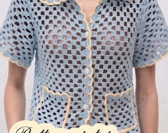 Patrón de blusa abotonada a crochet / Camisa de cuello con rayas estilo abuela (Descarga en PDF)