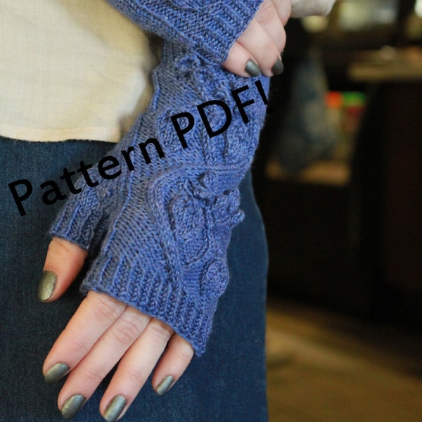 Fingerless Mittens Knitting Pattern: hand warmers with cables and bobbles, seamless top down, one skein project for sock yarn