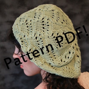 May include: A green crocheted beanie with a lacy pattern. The text "Pattern PDF!" is superimposed on the image.