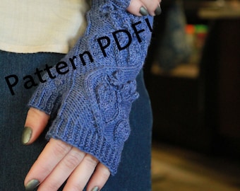 Fingerless Mittens Knitting Pattern: hand warmers with cables and bobbles, seamless top down, one skein project for sock yarn