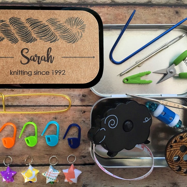 Customizable Knitter’s Tool Tin with Name & Date, personalize your knitting notions, stitch markers, tape measure