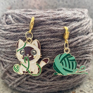 Cat & Yarn Ball Progress Keepers | Purse Charm | Crochet Stitch Marker | Project Bag Zipper Pull