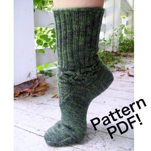 May include: Green and black knit socks with a cable pattern around the ankle. The socks are shown on a person's foot. The text "Pattern PDF!" is superimposed on the image.