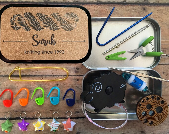 Featured listing image: Customizable Knitter’s Tool Tin with Name & Date, personalize your knitting notions, stitch markers, tape measure