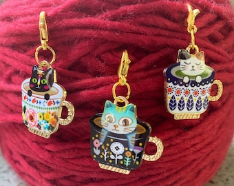 Cats in Teacups Progress Keepers, Purse Charm, Crochet Stitch Marker, Project Bag Zipper Pull