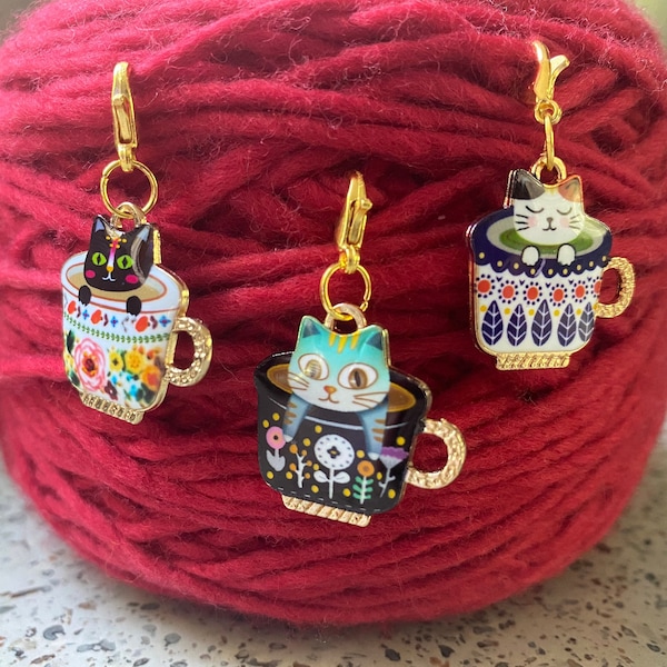 Cats in Teacups Progress Keepers, Purse Charm, Crochet Stitch Marker, Project Bag Zipper Pull