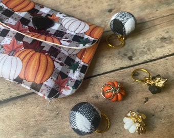 Fall Pumpkin & Buffalo Plaid stitch marker pouch, set of 5 knitting markers for your project bag