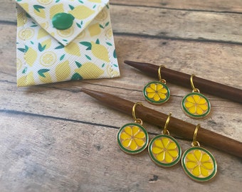 When Life Gives You Lemons knit marker pouch, set of 5 stitch markers for your knitting project bag