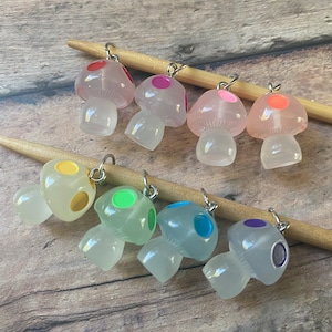 Glow in the dark mushroom knit stitch marker set of 8 for your knitting project bag