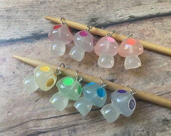Glow in the dark mushroom knit stitch marker set of 8 for your knitting project bag