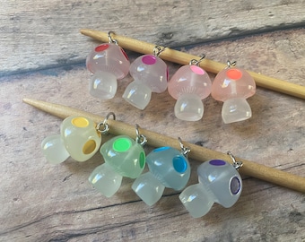 Glow in the dark mushroom knit stitch marker set of 8 for your knitting project bag