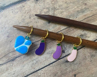 Eggplant & splash emoji stitch marker set, 4 knitting markers for your knit project bag