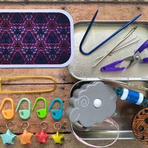 Purple Yarn Knitting Notions Box - stitch markers, scissors, fix it hook, mini tools for travel & knit night