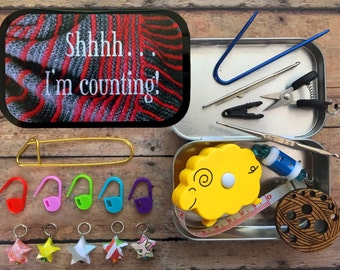 Shh I'm Counting - Knitter’s Tool Tin with knitting notions, stitch markers, travel scissors, TSA approved