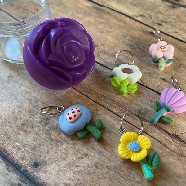 Lightweight Flower Stitch Markers in a Purple Rose Jar, knitting marker set