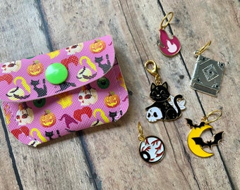 Book of Spells Halloween stitch marker pouch, set of 4 markers & 1 progress keeper, cat, witch, flame, moon