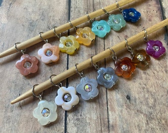 Lightweight Crystal Flower Stitch Markers, set of 14 garden flora for your project bag