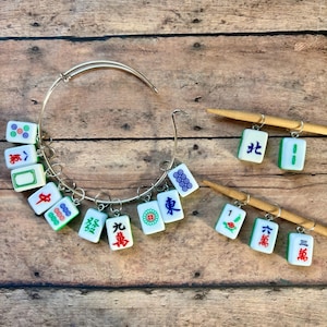 Pulseira Marcadora de Pontos com Peças de Mahjong, conjunto de 15 peças para usar como marcadores de tricô.