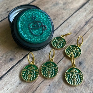 Coffee Stitch Marker Tin, green enamel stitch markers, set of 5