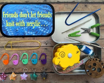 Friends don't let friends: Knitter's Tool Tin - travel knitting notions box