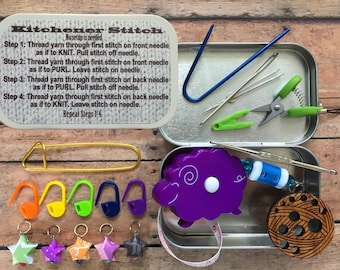 Learn to Knit Kitchener Stitch, Knitting Cheat Sheet with notions, mini crochet hook, stitch markers, tape measure, cable needle