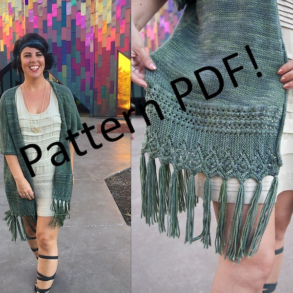 Knitting Pattern: Oversized, fringed cardigan with vintage lace, festival wear, seamless top down in DK yarn