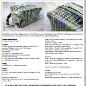 May include: A green, blue, and brown crocheted tote bag with a handle. The bag is rectangular and has a textured pattern. The bag is 12 inches long and 9 inches high.