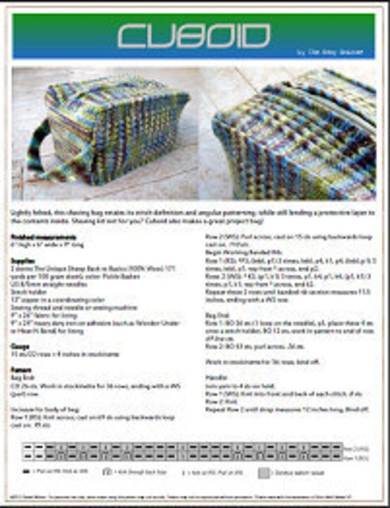 May include: A green, blue, and brown crocheted tote bag with a handle. The bag is rectangular and has a textured pattern. The bag is 12 inches long and 9 inches high.