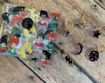 Sanderson Sisters Witch Halloween Stitch Marker Pouch, set of 6 purple & black knitting markers