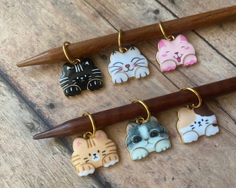 Cat head knitting stitch markers - set of 6 for your knit project bag