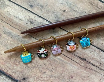 Cats in Teacups Stitch Marker Set, 5 knitting markers for your knit project bag