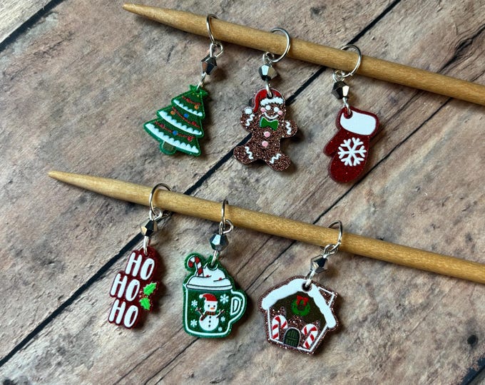 Featured listing image: Sparkle Christmas stitch markers, set of 6 for knitting