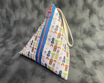 Handmade vinyl zipper bag, clutch, wristlet, triangle knitting bag - space friends