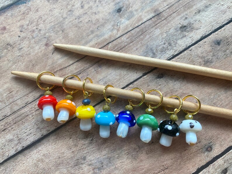 Spring Mushroom Stitch Markers for knitting set of 8 image 0