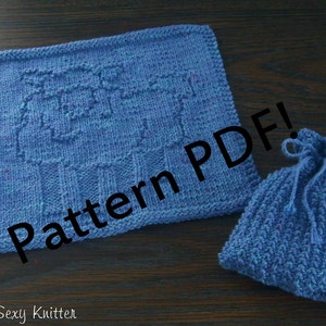 May include: A blue knitted dishcloth with a pattern of a house, and a blue knitted drawstring bag with the text "Pattern PDF!" on the dishcloth.