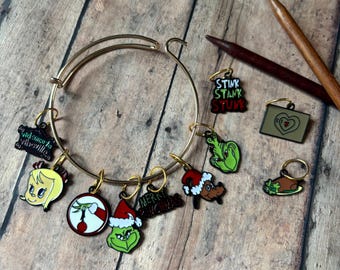 Grinch Stole Christmas Stitch Marker Bracelet, set of 10 knitting markers