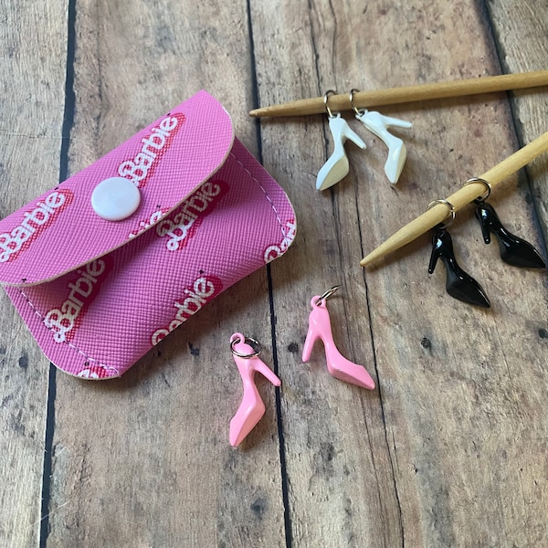 Barbie Doll Shoe Stitch Marker Pouch, set of 6 unique knitting markers for your project bag
