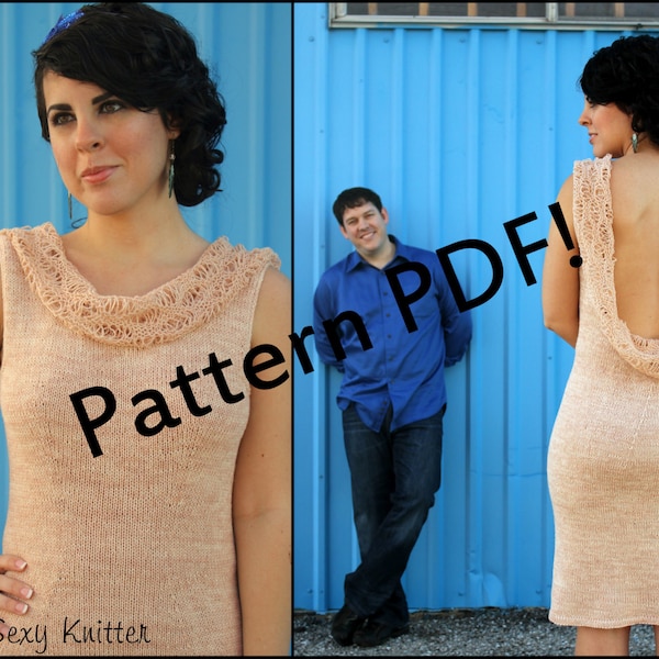 Backless Knit Wedding Dress Pattern: cowl draped knitting pattern, fitted vintage style dress