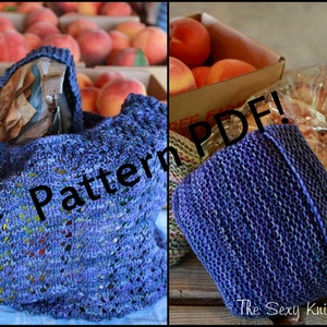 May include: A blue crocheted bag with a brown paper bag inside. The bag is filled with peaches. The text "Pattern PDF!" is superimposed on the image.
