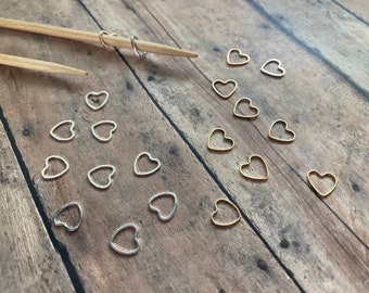 Gold or Silver Stitch Markers, Set of 10 hearts for your knitting bag