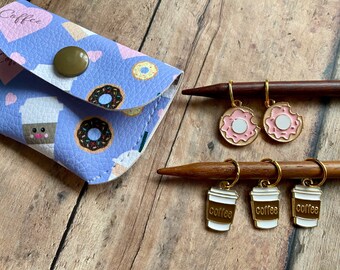 Coffee & Donut Stitch Markers in Vinyl Pouch, coffee knit marker set