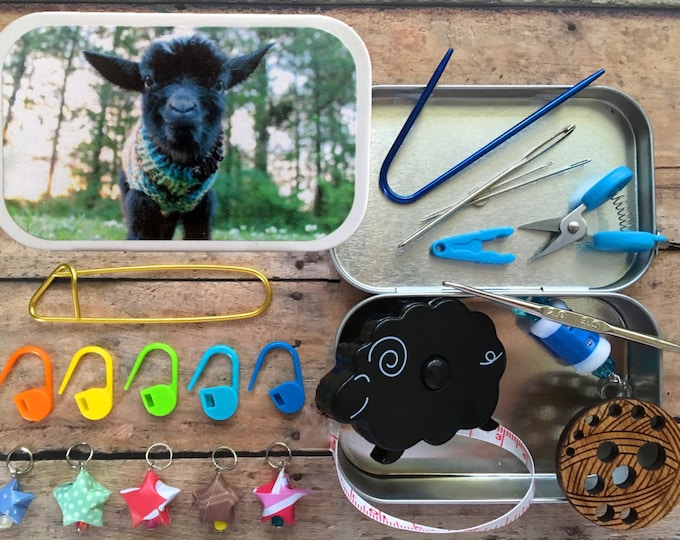 Featured listing image: Knitter’s Tool Tin, miniature knitting notions for emergency fix-it, crochet tools, airplane travel, and more!