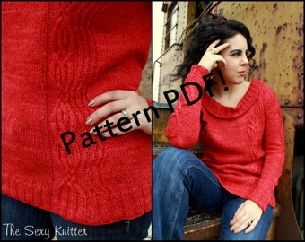 Oversized Cabled Sweater Knitting Pattern, seamless top down cowlknit with charts and written instructions