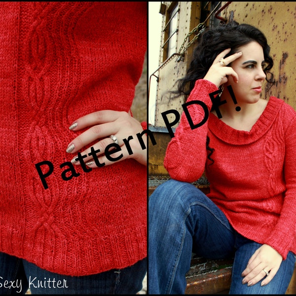 Oversized Cabled Sweater Knitting Pattern, seamless top down cowlknit with charts and written instructions