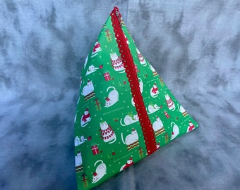 Meowy Christmas Triangle Pouch, large zippered clutch, knitting project bag, holiday gift