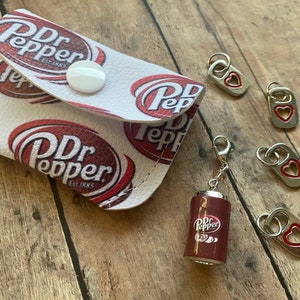 Dr Pepper Stitch Markers, set of 4 with a progress keeper in a snap Pouch