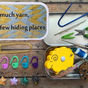 Travel Knit Box with notions, stitch markers, tape measure, Cable needle, stitch holder, for your knitting project bag