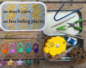 Travel Knit Box with notions, stitch markers, tape measure, Cable needle, stitch holder, for your knitting project bag