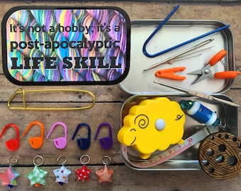 Beginner Knitting Knit Kit with travel size notions, tape measure, stitch markers