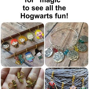 May include: A collection of Harry Potter themed charms for knitting and crocheting. The charms feature characters like Harry Potter, Hermione Granger, Ron Weasley, and Dumbledore. There are also charms with the Hogwarts crest and other Harry Potter quotes.